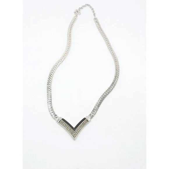 Christian Dior Silver tone Choker Necklace Crystals black enamel V 15-17” - Picture 4 of 6